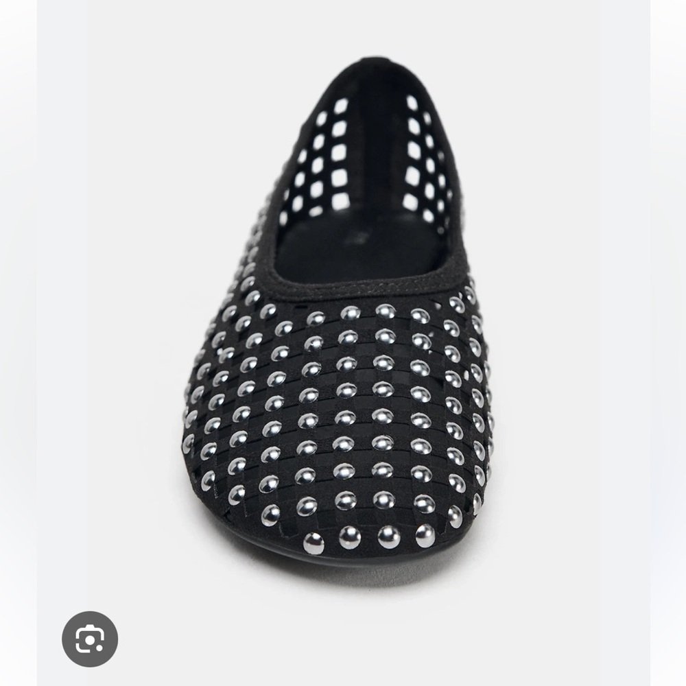 Zara Black Studded Mesh Mary Jane Ballet Flat Shoes Womens Size 37